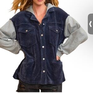 Navy/Grey Chenille Hooded Button Front Shacket